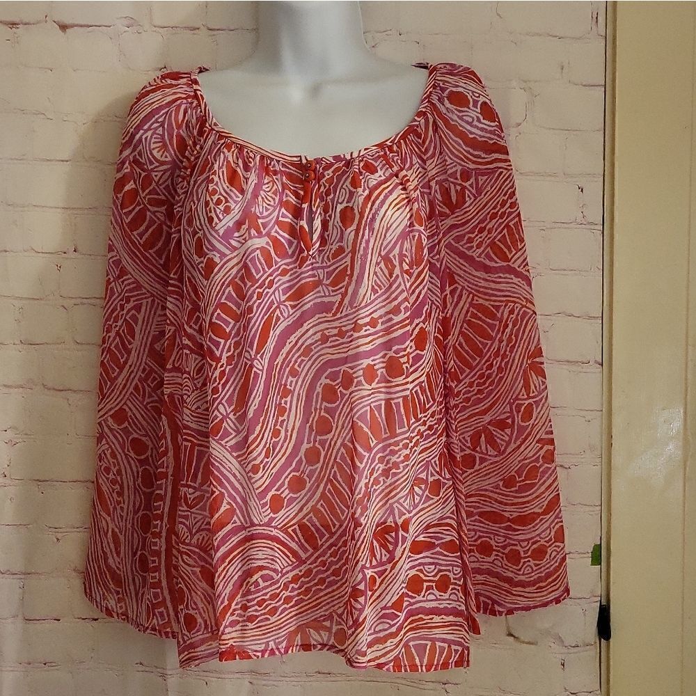 Trina Turk Silk Blend Sheer Pink Abstract Print Peasant Blouse Sz.XS/P MSRP $139